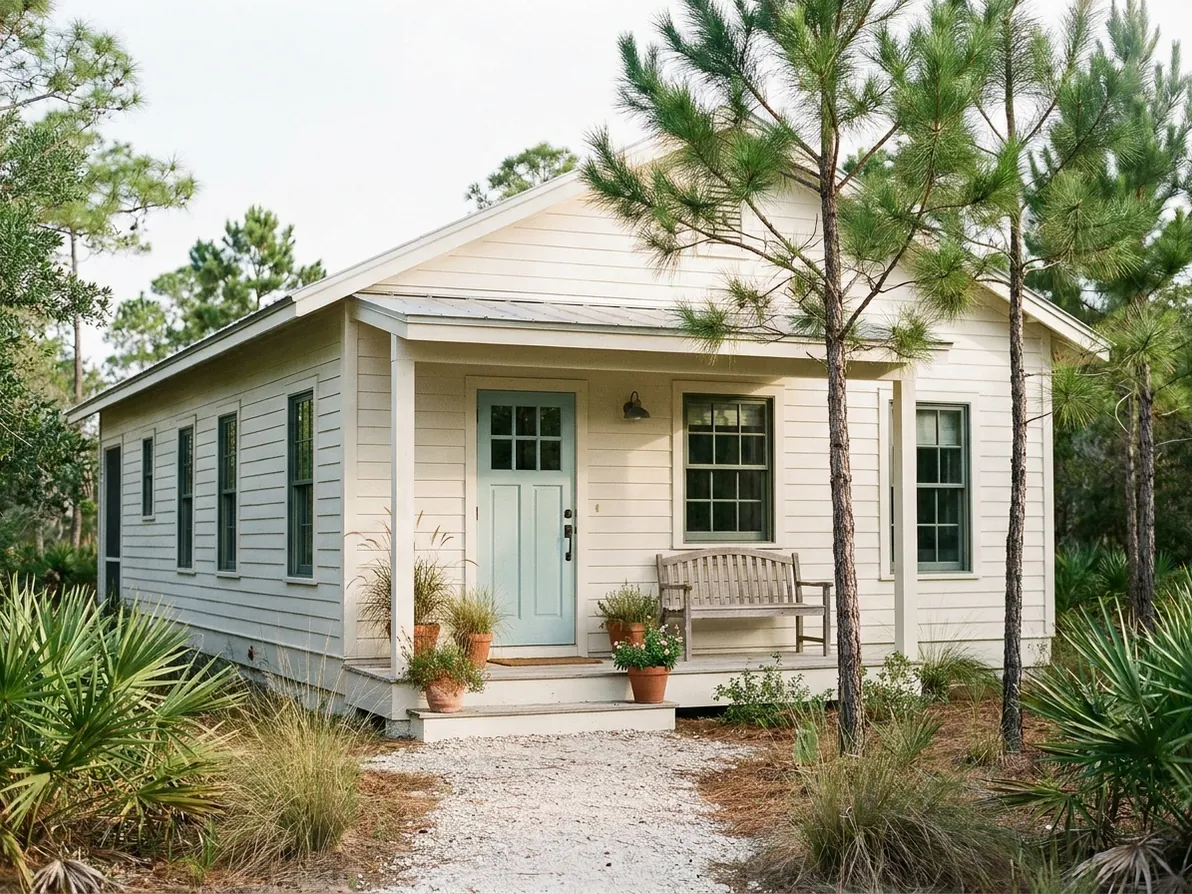 Ivory cottage with a sea-glass door and welcoming front porch