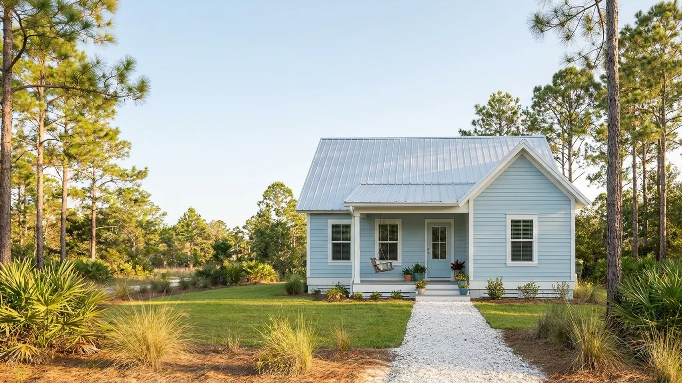 Light-blue cottage with a metal roof in a pine-lined yard